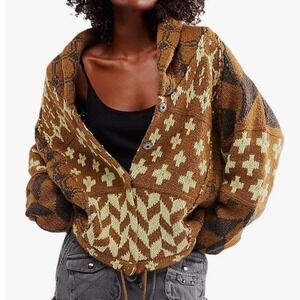 Geometric Knit Snap Front Cardigan Sweater Shacket One Size Mustard Brown